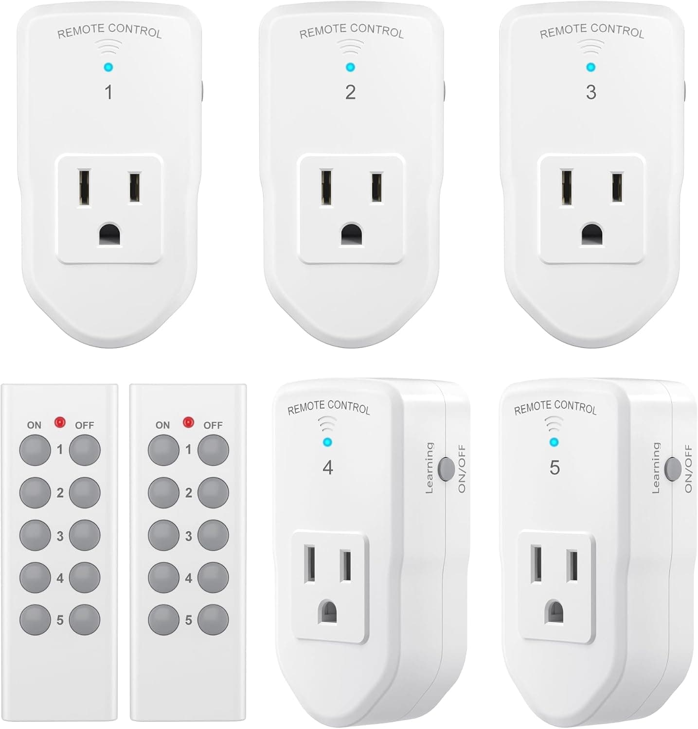 BN-LINK Wireless Remote Control Outlet, 5 Outlets and 2 Remotes, White