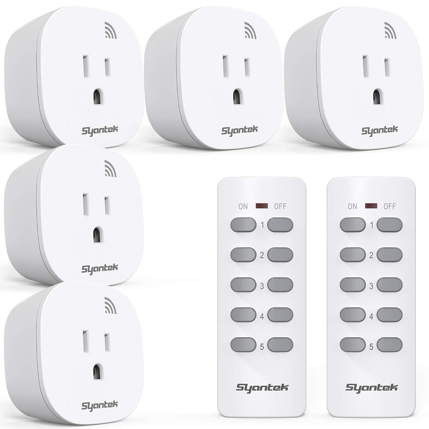 Syantek Remote Control Outlet, 5 Outlets and 2 Remotes, White
