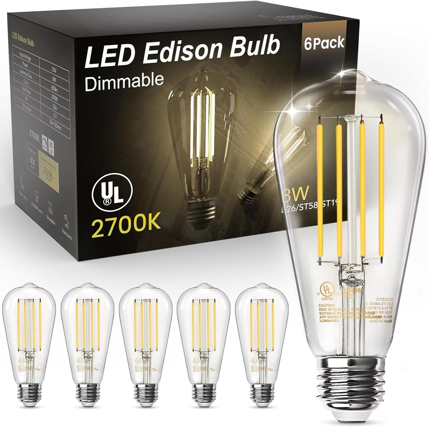 TJOY LED Edison Light Bulbs, E26 Dimmable Vintage, 8W = 60W Equivalent