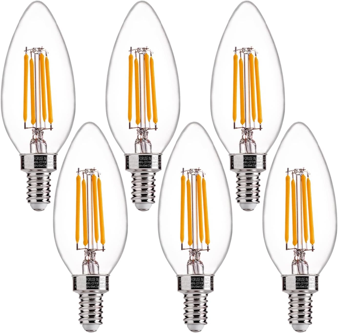 FLSNT 60W Equivalent LED Chandelier Bulbs, E12, Clear B11, 2700K, 6 Pack